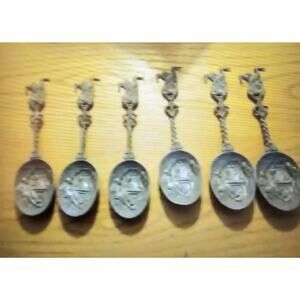 Rare Antique Pewter Spoons By Jan Steen - Storks Tavern Scene Set Of 6 Spoons